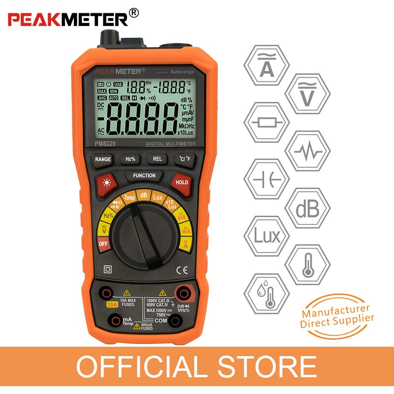 PEAKMETER PM8229 다기능 럭스 사운드 레벨 주파수 온도 습도 테스터 미터가있는 5 in 1 자동 디지털 멀티 미터
